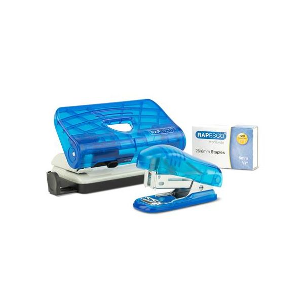 Zošívačka a dierovačka, set, 24/6, 26/6, 12 listov, RAPESCO, priehľadná modrá, so spinkami