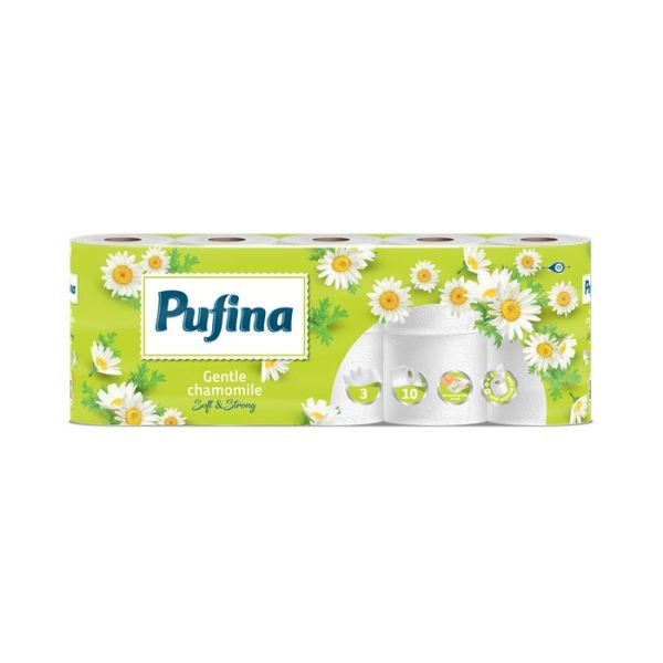 Toaletný papier, 3-vrstvový, malý kotúč, 10 kotúčov, PUFINA "Chamomile", s vôňou harmančeka, 10kotúč