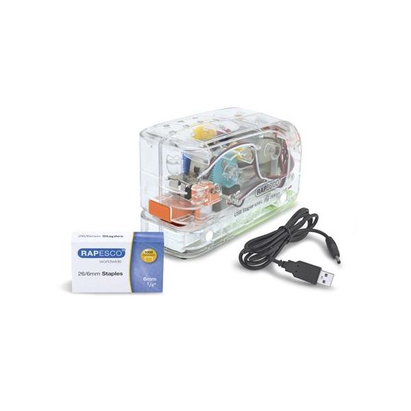 Zošívačka, 26/6, 15 listov, elektrická, s USB nabíjačkou, RAPESCO "626EL", priehľadná
