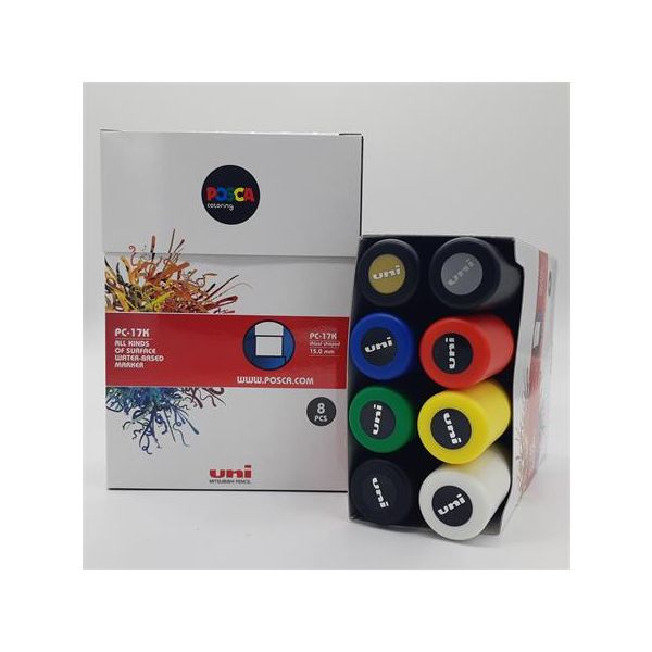 Dekoračný popisovač, sada, 15 mm, zrezaný hrot, UNI "Posca PC-17K, 8 rôznych farieb
