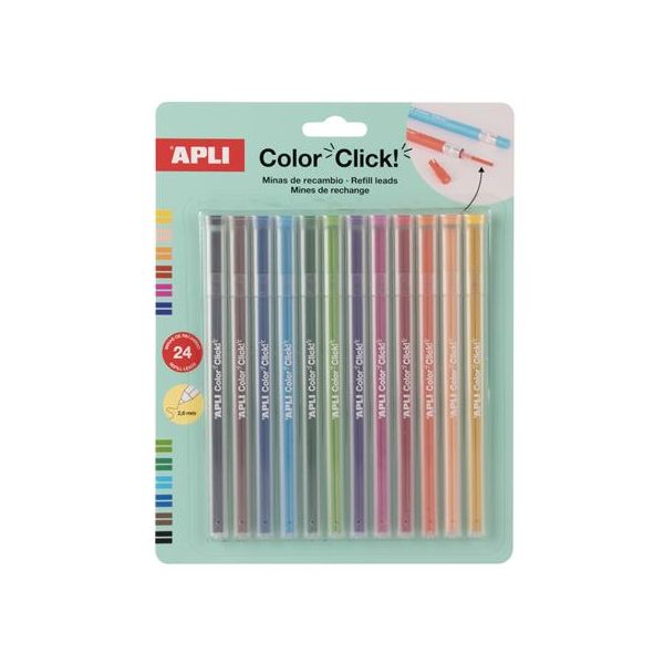 Náhradné tuhy do farebných mechanických ceruziek, APLI "Color Click", 24 ks, 12 farieb