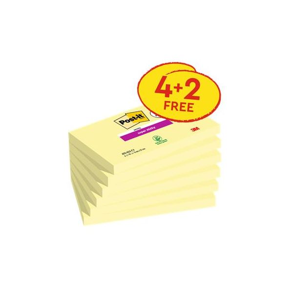 Samolepiaci bloček, 76x127 mm, 4+2x90 listov, 3M POSTIT "Super Sticky", žltá