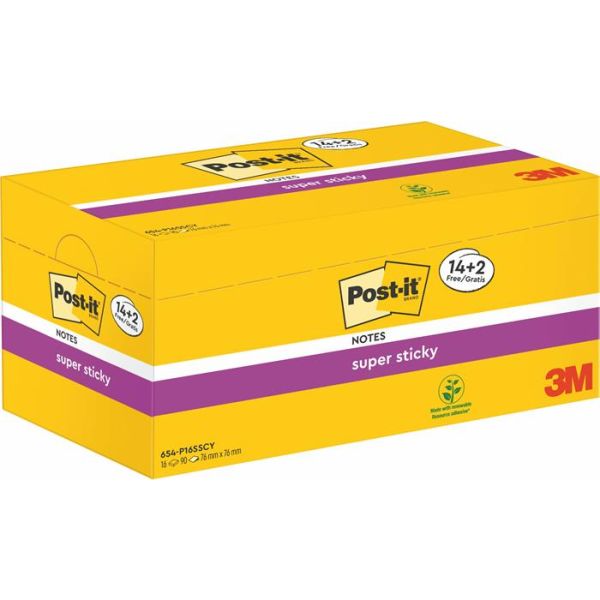 Samolepiaci bloček, 76x76 mm, 16x90 listov, 3M POSTIT "Super Sticky", kanárikovo žltý, 1440list