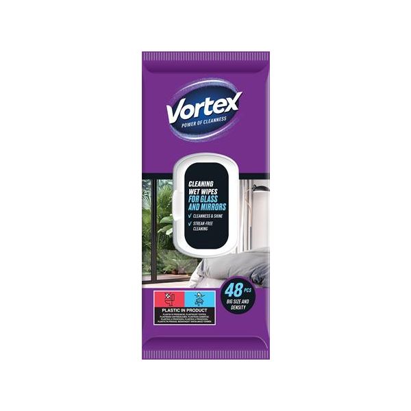 Vlhčené utierky, na sklenené a zrkadlové povrchy, s uzatvárateľným viečkom, 48 ks, VORTEX