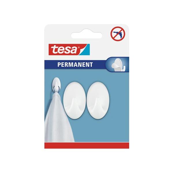 Permanentné plastové háčiky, samolepiace, oválne, veľkosť: S, TESA, biela