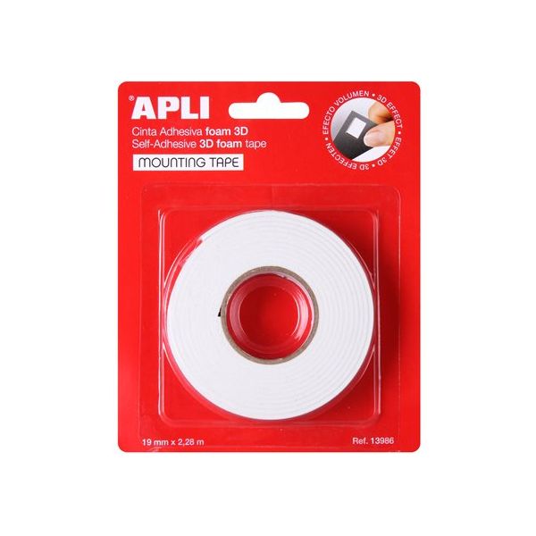 Lepiaca páska, rolka, 3D, obojstranná, pena, APLI, 19 mm x 2,28 m, biela