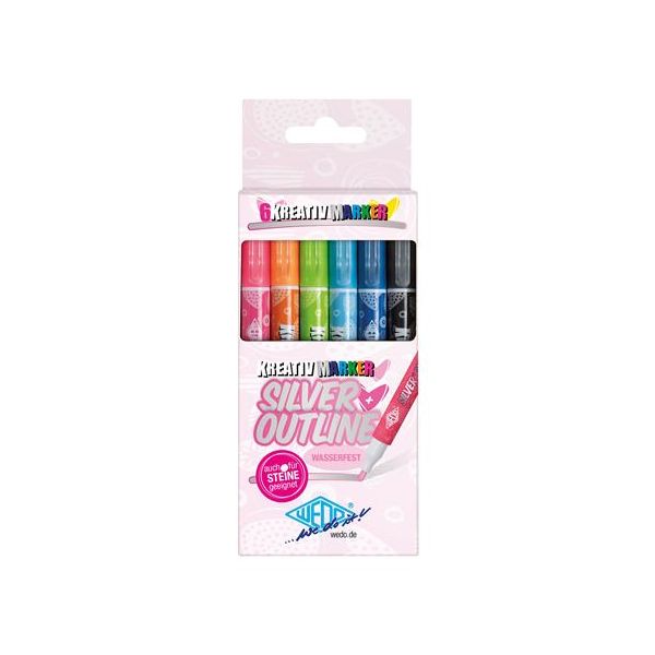Popisovač, sada, 1-2 mm, metalická strieborná, WEDO, so 6 rôznymi farebnými kontúrami