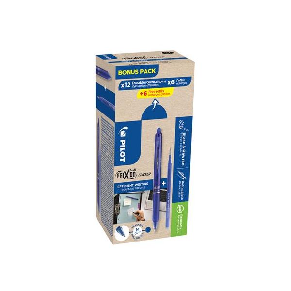 Roller, 0,35 mm, zmazateľný, stláčací mechanizmus, PILOT "Frixion Clicker, Bonus Pack", modrá + náplň