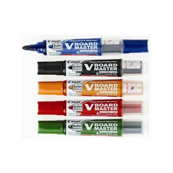 Sada popisovačov, 2,3 mm, s držiakom a stierkou, PILOT "V-Board Master", 5 rôznych farieb