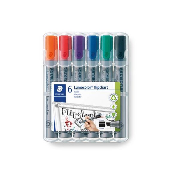 Popisovač na flipchartové tabule, 2 mm, kužeľový hrot, STAEDTLER "Lumocolor 356", 6 rôznych farieb