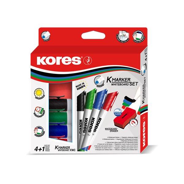 Popisovač na tabule a flipchartové tabule, sada,magnetická stieka na tabule, 3 mm, kužeľový hrot, KORES, 4 rôzne farby