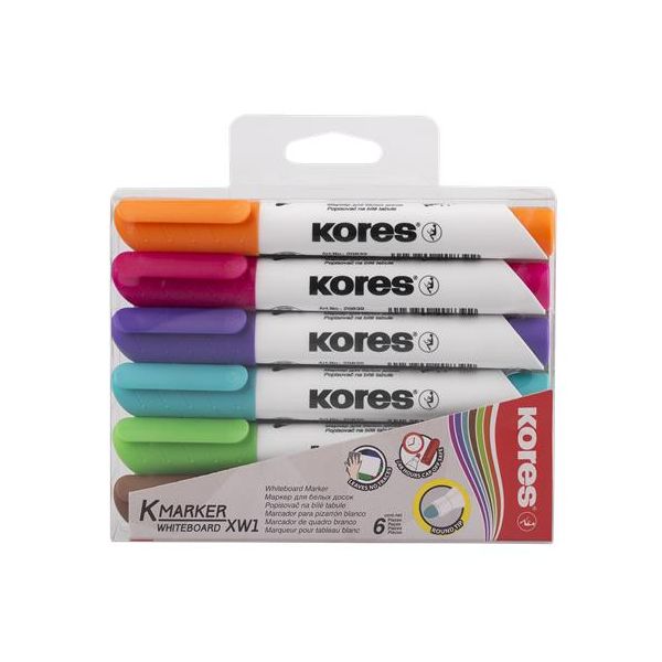 Popisovač na biele a flipchartové tabule, sada, 3 mm, kužeľový hrot, KORES "K-Marker XW1", 6 rôznych farieb