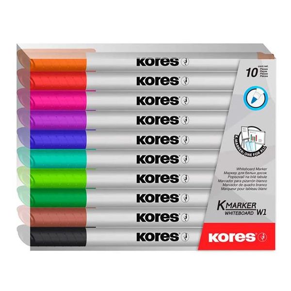 Popisovač na biele a flipchartové tabule, sada, 1-3 mm, kužeľový hrot, KORES "K-Marker W1", 10 rôznych farieb