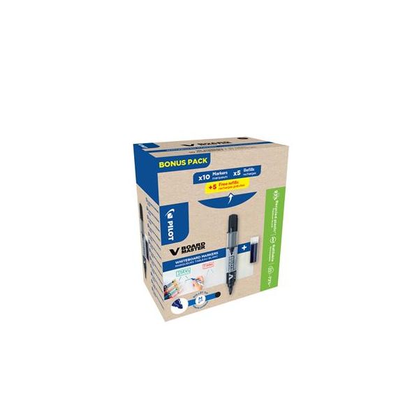 Popisovač na tabule, 2,3 mm, kužeľový hrot, PILOT "V-Board Master, Bonus Pack", čierna + náplň