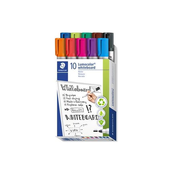 Popisovač na tabule, sada, 2mm, kužeľovitý,STAEDTLER "Lumocolor 351", 10 rôznych farieb