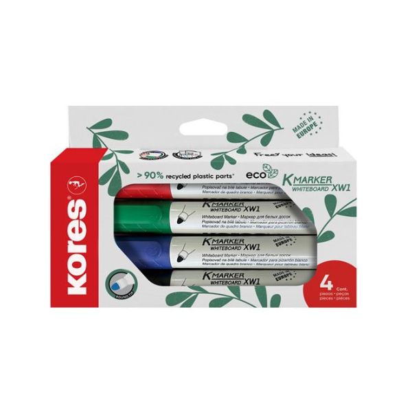 Popisovač na tabule a flipchart, sada, 3 mm, kužeľový hrot, KORES "ECO K-Marker XW1", 4 rôzne farby