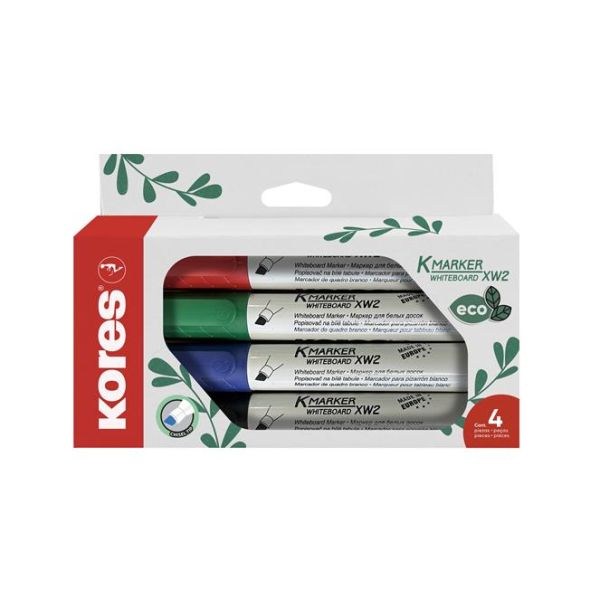 Popisovač na biele tabule a flipchart, 3-5 mm, zrezaný hrot, KORES "ECO K-Marker XW2", 4 rôzne farby