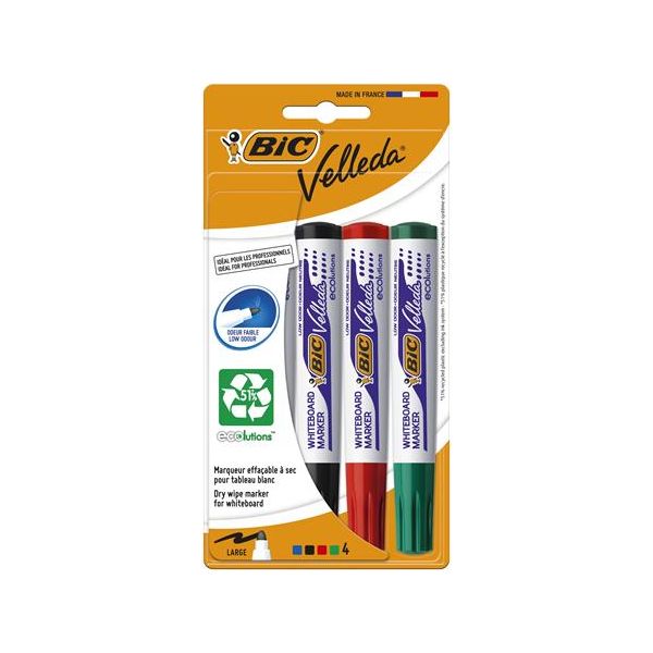 Popisovač na flipchart a tabuľu, 1,4 mm, kužeľový hrot, BIC "Velleda ecolutions", 4 rôzne farby