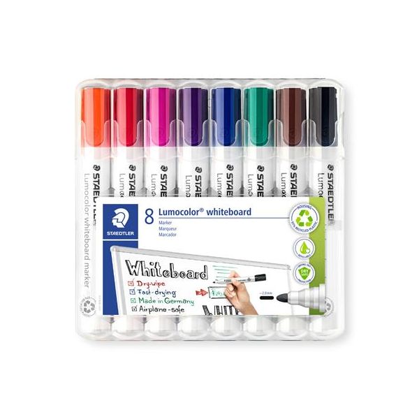 Popisovač na tabule, sada, 2 mm, kužeľový hrot, STAEDTLER "Lumocolor® 351", 8 rôznych farieb