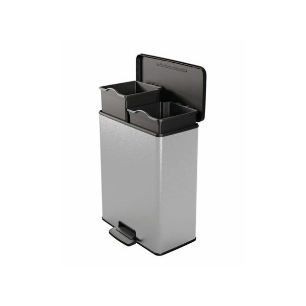 Odpadkový kôš, pedálový, recyklovaný plast, vyberateľné koše, 2x26 l, CURVER "Deco bin duo", čierna/strieborná