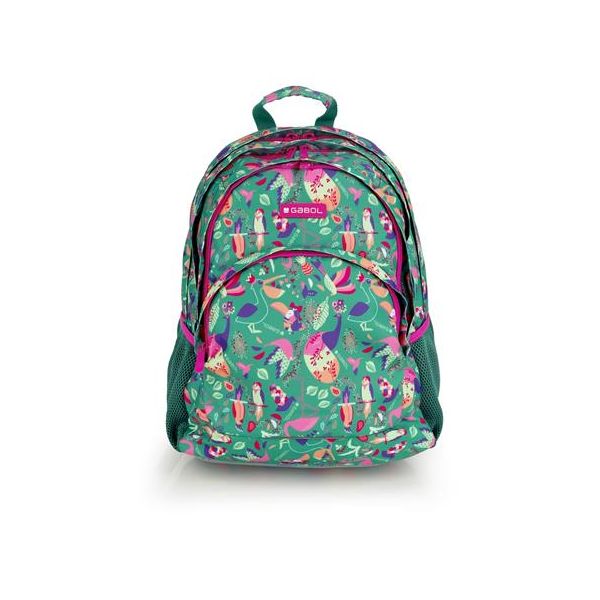 Školská taška, so zipsom, GABOL "Vida", zelená, s tropickými motívmi