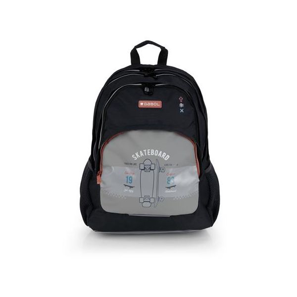 Školská taška, so zipsom, GABOL "Trick", sivá-čierna, skateboard