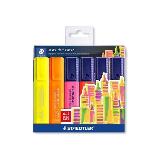 Zvýrazňovač, sada, 1-5 mm, STAEDTLER "Textsurfer® Classic 364", 4+2 farby