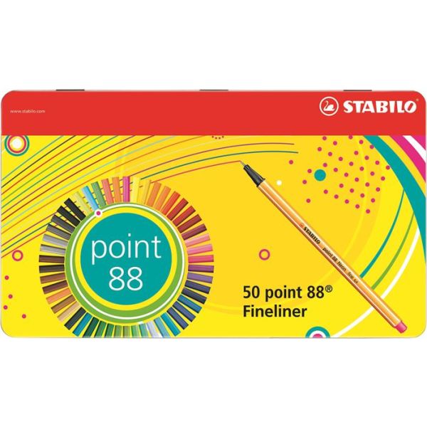 Liner, sada, 0,4 mm, plechová krabička, STABILO "Point 88", 47+3 rôznych farieb, 50ks
