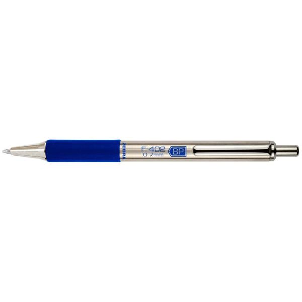 Guľôčkové pero, 0,24 mm, stláčací mechanizmus, nehrdzavejúca oceľ, modré telo, ZEBRA "F402", modrá