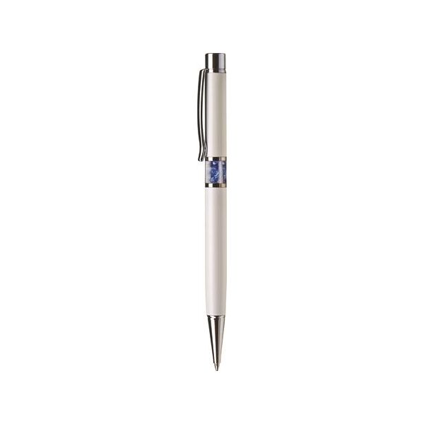 Guľôčkové pero, Crystals from SWAROVSKI®, biele, so zafírovo modrými krištáľmi v strede tela, 14cm