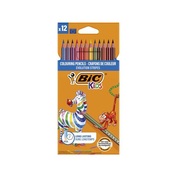 Farebné ceruzky, sada, BIC KIDS "Evolution Stripes", 12 rôznych farieb, 12ks