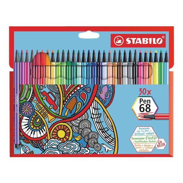 Popisovač, sada, 1 mm, STABILO "Pen 68", 30 rôznych farieb, 30ks