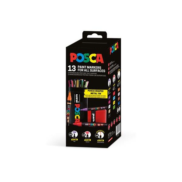 Dekoračný popisovač, sada, v kovovej krabičke, UNI "Posca", 13 rôznych farieb, 13ks