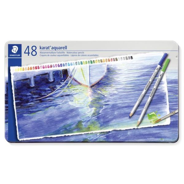 Akvarelové ceruzky, sada, šesťhranné, plechová krabička, STAEDTLER "Karat® aquarell 125", 48 rôznych farieb, 48ks