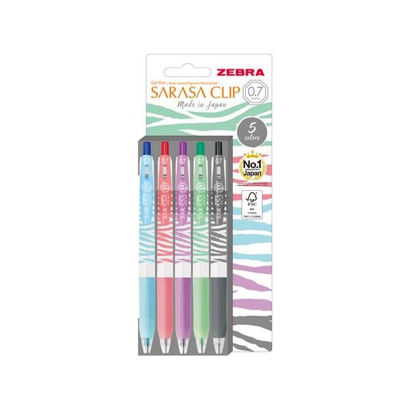 Gélové pero, sada, 0,33 mm, stláčací mechanizmus, pruhované telo, ZEBRA "Sarasa Clip Pastel", 5 pastelových farieb, 5ks