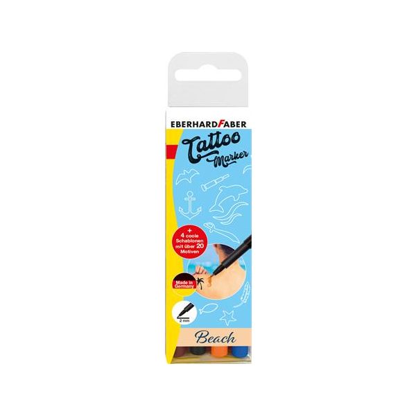 Tetovacie fixky, sada, so šablónou, EBERHARD FABER "Beach", 4 rôzne farby, 4ks