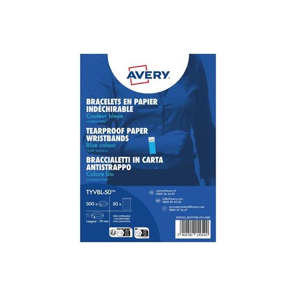 Identifikačný náramok, odolný proti roztrhnutiu,, 265x19 mm, AVERY ZWECKFORM "Tyvek", modrý, 500ks