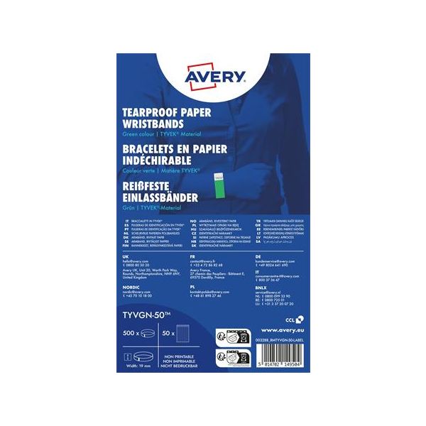Identifikačný náramok, odolný proti roztrhnutiu,, 265x19 mm, AVERY ZWECKFORM "Tyvek", zelený, 500ks