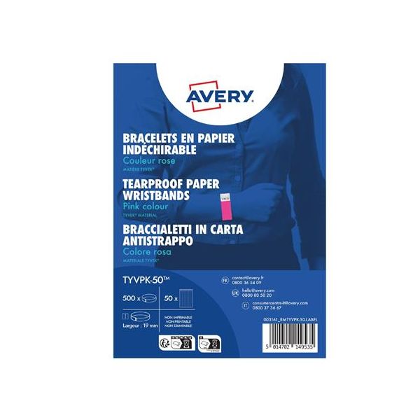 Identifikačný náramok, odolný proti roztrhnutiu,, 265x19 mm, AVERY ZWECKFORM "Tyvek", ružový, 500ks