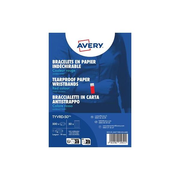 Identifikačný náramok, odolný proti roztrhnutiu,, 265x19 mm, AVERY ZWECKFORM "Tyvek", červený, 500ks