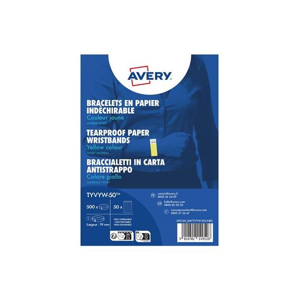 Identifikačný náramok, odolný proti roztrhnutiu,, 265x19 mm, AVERY ZWECKFORM "Tyvek", žltý, 500ks