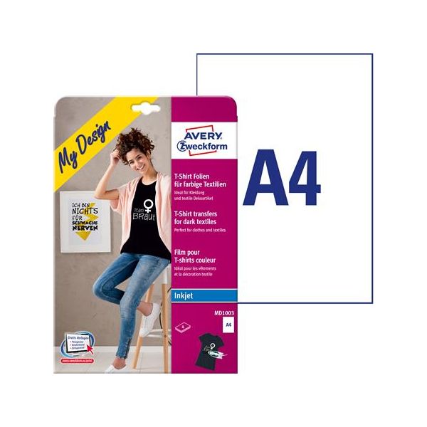 Nažehľovacia fólia, A4, do atramentových tlačiarní, na tmavý a farebný textil, AVERY ZWECKFORM, 4list