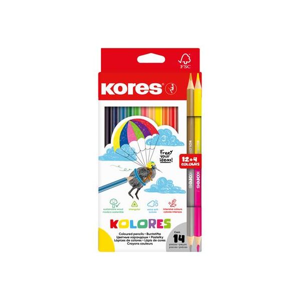 Farebné ceruzky, sada, trojhranný tvar, KORES "Kolores", 12+2 rôznych farieb, 14ks