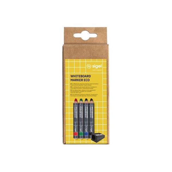Suchý popisovač na tabuľu, sada, 1-5 mm, kužeľový hrot, SIGEL, 4 rôzne farby, so strúhadlom, 4ks