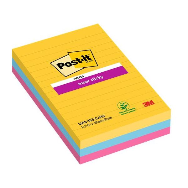 Samolepiaci bloček, linajkový, 3x90 listov, 101x152 mm, 3M POSTIT "Super Sticky", "Carnival", mix farieb, 270list