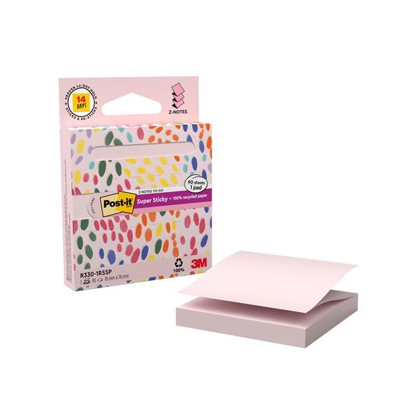 Samolepiaci bloček, "Z", s dávkovačom, 76x76 mm, 90 listov, 3M POSTIT "Super Sticky", pastelovo ružový, 90list