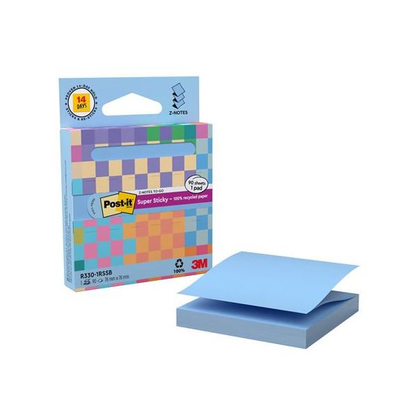 Samolepiaci bloček, "Z", s dávkovačom, 76x76 mm, 90 listov, 3M POSTIT "Super Sticky", pastelovo modrý, 90list