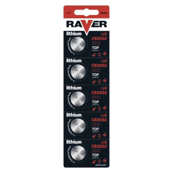 Lítiová gombíková batéria RAVER CR2032, 5 ks