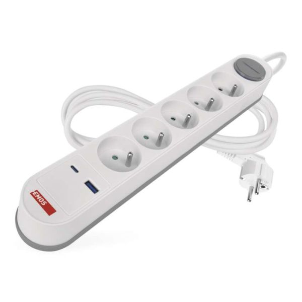 Predlžovací kábel 3 m / 5 zásuvky / s vypínačom / bielo-sivý / 1×USB-A + 1×USB-C / 1,5 mm2