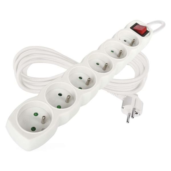 Predlžovací kábel 5 m / 6 zásuviek / s vypínačom / biely / PVC / 1 mm2